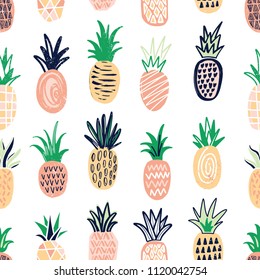 Modern seamless pattern with pineapples of different color and texture on white background. Backdrop with exotic tropical fresh juicy fruits. Colored hand drawn vector illustration for wallpaper