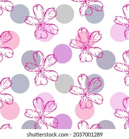 Modern seamless pattern with pink flowers on colorful circles isolated on white background. Cute floral ornament. Vector illustration.