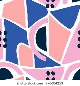 Modern seamless pattern in pink, peach and blue on white background.
