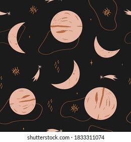 Modern seamless pattern with planets, shapes and textures for your creativity.