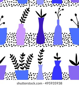 Modern seamless pattern with plants and dots in black, purple and blue on white background.