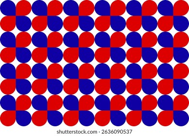 Modern seamless pattern with quarter circles forming a floral grid. Bold red and blue on white create a dynamic, clean design perfect for fabric, wallpaper, and digital use.
