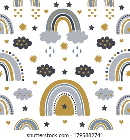 Modern seamless pattern rainbow clipart in scandinavian style on a white background. Cute vector design for baby shower, decoration kids playroom, textile, postcard.	
