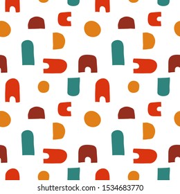 Modern seamless pattern. Red, green, orange abstract and geometric shapes. Hand drawn background . For fabric, packaging and other surfaces .