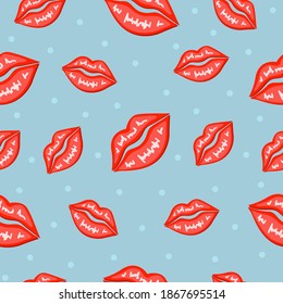 Patrón moderno sin costuras con labios y puntos de color rojo y elegante sobre fondo azul.  Tema de amor, diseño femenino, Día de San Valentín, cosmética. Ilustración del vector