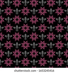 Diseño moderno y sin fisuras en estilo retro. Fondo oscuro del patrón. Textura de diseño textil. Color negro, plata y rosa. Diseño de papel envuelto. Gráficos vectoriales.