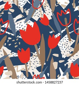 Modern seamless pattern with rough abstract shapes and blooming tulip flowers. Decorative floral backdrop in contemporary art style. Artistic vector illustration for wrapping paper, textile print.