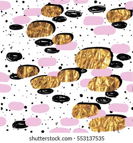 
A modern seamless pattern in Scandinavian style with gold ovals. Abstract multi-colored pattern. Drawing by hand, simple, stylish background.