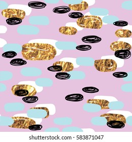 A modern seamless pattern in Scandinavian style with gold ovals. Abstract multi-colored pattern. Drawing by hand, simple, stylish background.