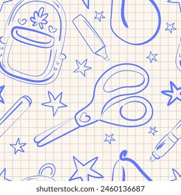 Modern seamless pattern with school elements. Backpack, pen, scissors, pencil, marker, stars. School seamless pattern with stationery on a checkered background