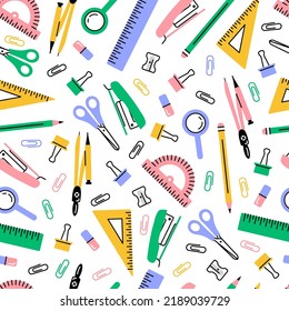 A modern seamless pattern of school supplies on a white background.