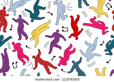 Modern seamless pattern from a set of abstract dancing people. Minimal design of various bright colors of figure silhouettes. Trendy doodle abstract symbols of carnival, party, festival
