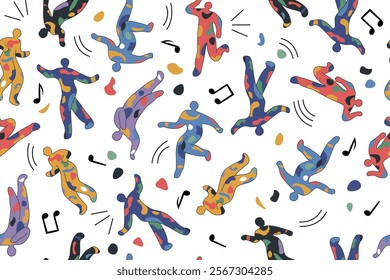 Modern seamless pattern with set abstract dancing people. Bright multi-colored design of various silhouettes of figures and musical notes. Trendy doodle abstract symbols of carnival, party, festival