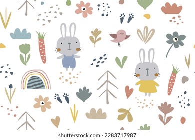 Modern Seamless pattern from set of children's primitive drawings, rabbit and various elements in pastel colors. Cute design flat style on white background