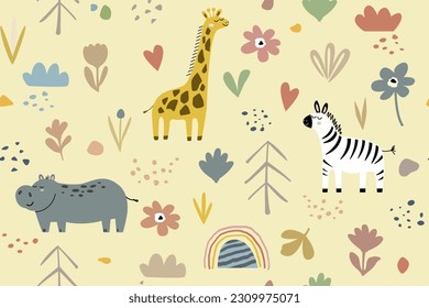 Modern seamless pattern from set of children's primitive drawings, giraffe, zebra, hippopotamus and various elements in pastel colors. Cute flat style design on beige background