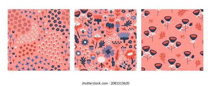Modern seamless pattern set with little flowers. Floral collage design for fabrics, print, scrapbooking. Vector illustration
