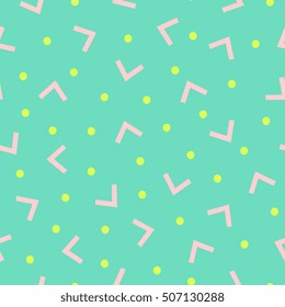 Modern seamless pattern with shapes in pink and yellow on green background.