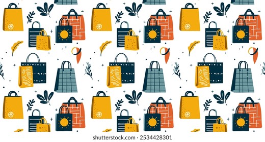 Modern seamless pattern with shopping bags in vector style with creative design, bright colors like yellow, orange and navy blue surrounded by plants and accessories for a fashionable look