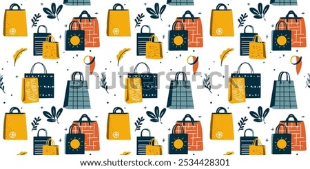 Modern seamless pattern with shopping bags in vector style with creative design, bright colors like yellow, orange and navy blue surrounded by plants and accessories for a fashionable look