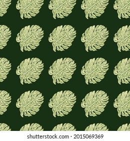 Modern seamless pattern with simple style leaves monstera palm ornament. Dark green background. Decorative backdrop for fabric design, textile print, wrapping, cover. Vector illustration.