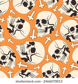 Modern seamless pattern with skulls and crosses on an orange background. Halloween seamless pattern with skulls. Lots of skulls and crosses. Spooky pattern for printing and textiles for Halloween
