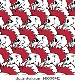 Modern seamless pattern with skulls punk rock attributes.