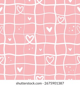 Modern seamless pattern with squared line heart shapes on pastel pink background. Vector Illustration, surface design, suitable for clothing, textile, wrapping paper, cover, print and more.