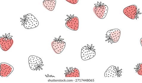 Padrão moderno sem emenda de desenhos de linha de morango apresentando deslocamento de formas suaves cor-de-rosa em um fundo branco.