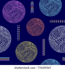 Modern seamless pattern with striped spheres on dark background