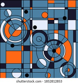  Modern seamless pattern in the style of Neoplasticism, Bauhaus, Mondrian. for web banner, business presentation, branding package, fabric print, wallpaper. Geometry minimalistic artwork poster .