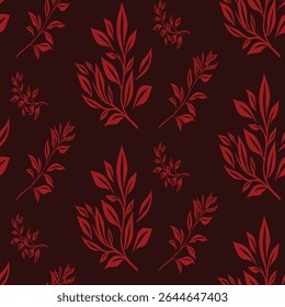 Modern seamless pattern with stylized red botanical leaf silhouettes on a dark background. A simple yet bold design for contemporary fabric and wrapping paper.
