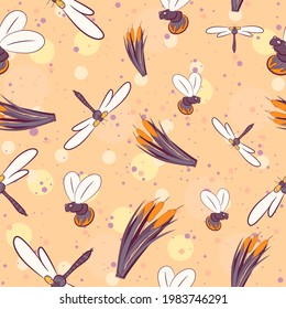 Patrón moderno y sin fisuras de pantanos, plantas y bichos. El verano repite el fondo con luciérnagas, libélulas y cócteles. Textura botánica y floral con animales acuáticos, hojas e insectos.