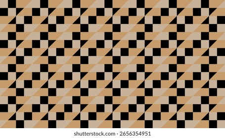 Modern seamless pattern with tan, black, and gray square motifs arranged in diagonal formations, creating a dynamic geometric illusion