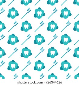 Modern seamless pattern with teeth and toothbrushes for a dentist or dental clinic. Mint green color. Stock vector background.