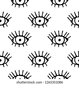 Modern seamless pattern with trendy hand drawn eyeballs with eyelashes. Fabric pattern on 
white background. 