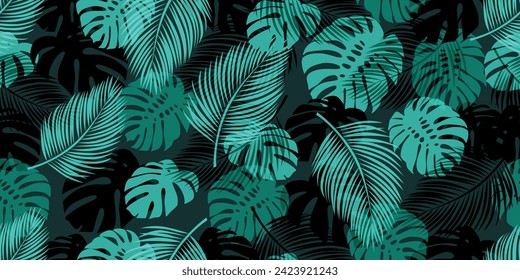 Modern seamless pattern with trendy tropical palm and monstera leaves. Suitable for backgrounds, wallpapers, textiles, prints, and much more.