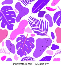 Modern seamless pattern with tropical leaves and abstract elements in trendy colors. Abstract brush stroke background. Template for print, postcards, poster, party, summer background, fabric. Vector.