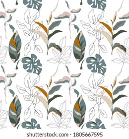 Modern seamless pattern with tropical leaves. Terracotta colors. For fabric or wrapping paper, wall art, social media post, packaging. Vector illustration