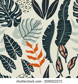 Patrón moderno sin fisuras con hojas tropicales y formas geométricas abstractas. Ilustración plana vectorial. Se puede usar para textil, papel pintado, impresión, envoltura.