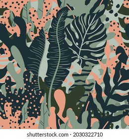 Modern seamless pattern with tropical leaves and abstract geometric shapes. Vector flat illustration. Can be used for textile, wallpaper, print, wrapping.