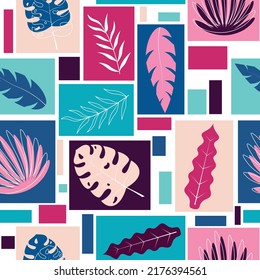 modern seamless pattern with tropical leaves and colorful geometric shapes, large print and vivid palette. contemporary vibrant design for textile, paper or web
