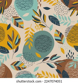 Patrón moderno sin fisuras con hojas tropicales, elementos geológicos para la impresión de arte minimalista, textil, decoración de papel pintado boho. Ilustración del vector