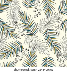 Modern seamless pattern with tropical leaves for minimalist art print, textile, boho wallpaper decor. Vector illustration