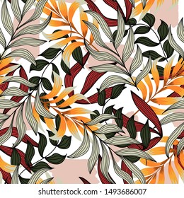 Modern seamless pattern with tropical vegetation. Fashionable texture design, textile, fabric, printing. Original plants. Tropical leaves. Exotic design and ornament. Tropics on white background.