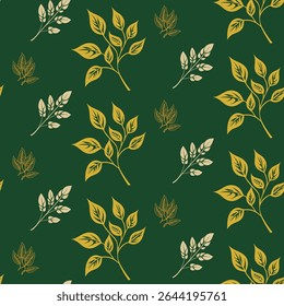 Padrão moderno sem emenda com uma variedade de ramos de folhas de ouro estilizado e creme em um fundo verde escuro. Um design simples e elegante para projetos contemporâneos.
