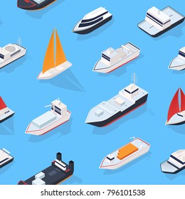 Modern seamless pattern with various isometric ships, sailing boat and marine vessels. Backdrop with sea transport. Bright colored vector illustration for wrapping paper, textile print, wallpaper.