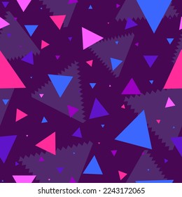 Modern seamless pattern with violet and blue triangles on a dark background. Repetitive background with mosaic and geometric decorations.