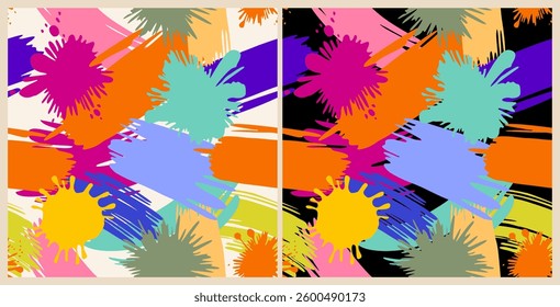 Modern seamless pattern with vivid bright brush strokes and splatters on white and black background. Creative backdrop with paint shapes. Artistic vector illustration for textile print, wallpaper