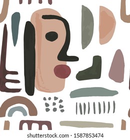 Modern seamless pattern with watercolor and geometric elements on white background. Abstract nordic print. Scandinavian style. Vector illustration