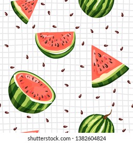 Modern seamless pattern with watermelon, slices and seeds. Summer vibes. Vector texture for textile, postcard, wrapping paper, packaging etc. Vector illustration on checkered background.